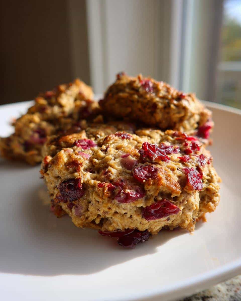Close-up of baked, rustic dog treats studded with dried cranberries, likely related to Turkey & Cranberry Burgers for Dogs.