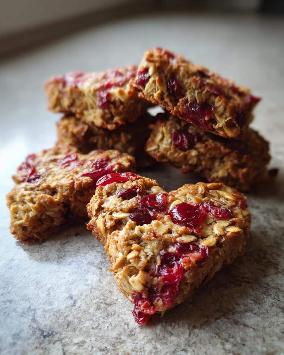 A close-up of several heart shaped Cranberry and Oat Heart shaped cookies stacked on a countertop.