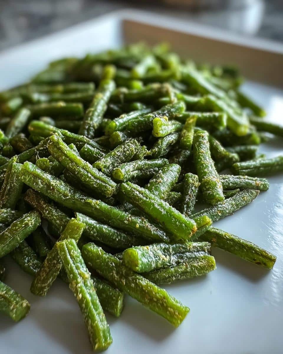 Close-up of seasoned, dehydrated Crunchy Green Bean for Dogs piled on a white plate.