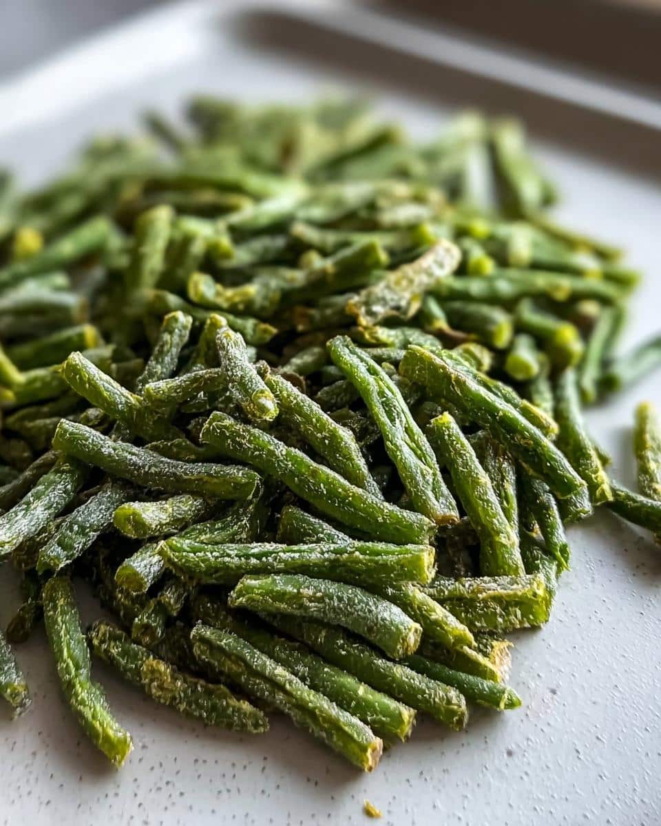 Close-up of dehydrated or freeze-dried Crunchy Green Bean for Dogs treats piled on a light surface.