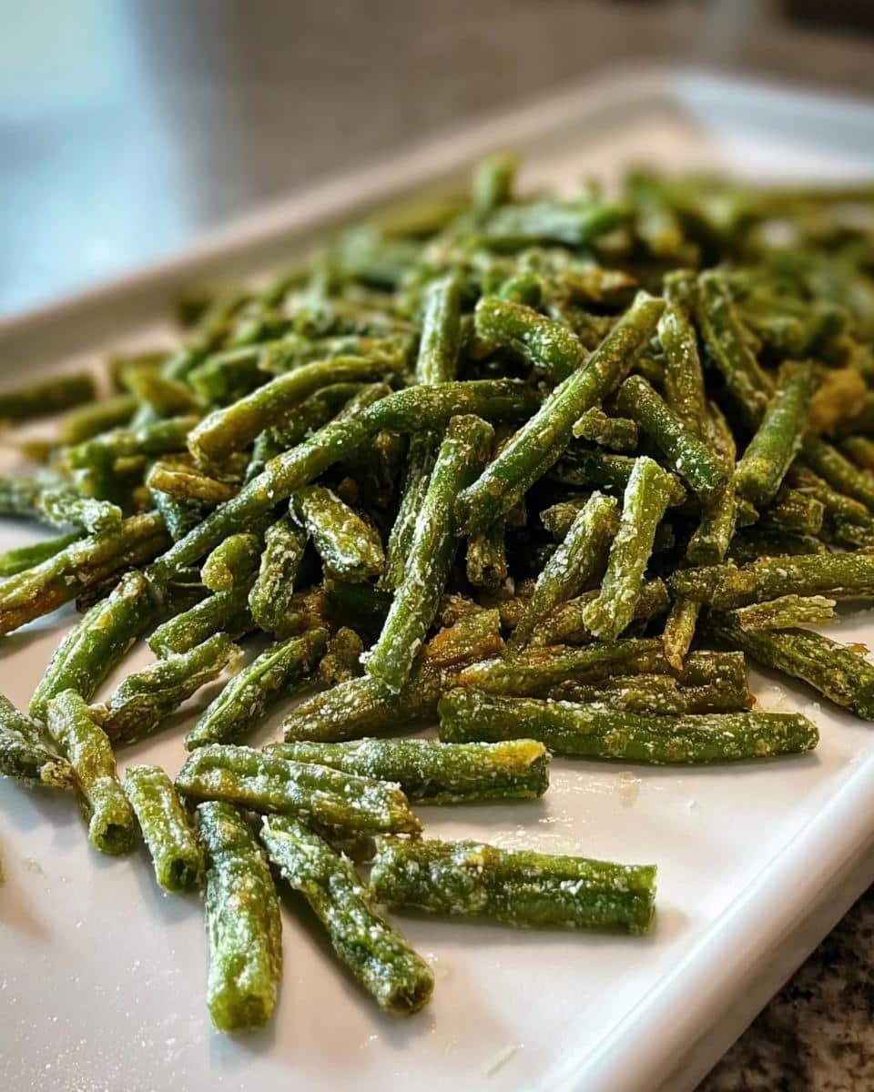 A pile of seasoned, dehydrated Crunchy Green Bean for Dogs snacks served on a white platter.