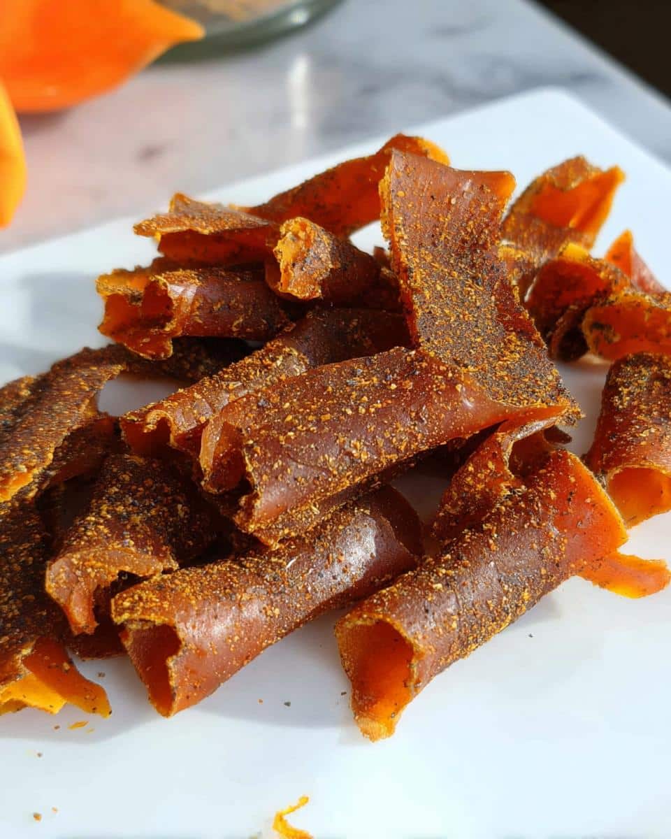 Close-up of rolled Dehydrator Pumpkin Leather Dog Treats sprinkled with spices on a white surface.