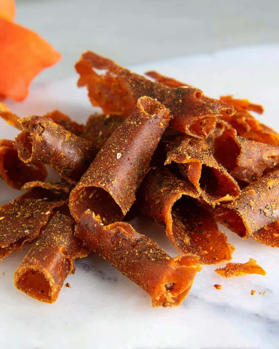 Close-up of rolled Dehydrator Pumpkin Leather Dog Treats sprinkled with seasoning on a white marble surface.