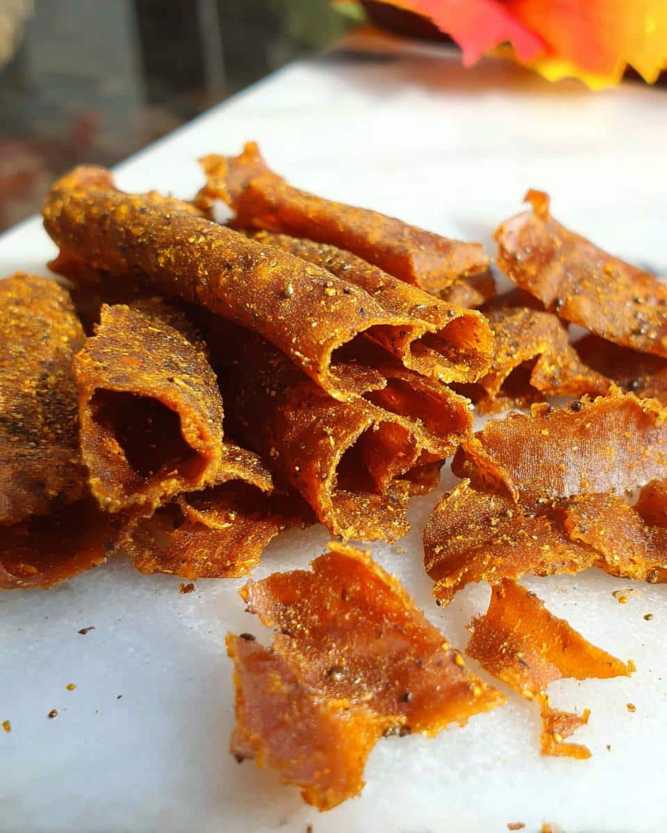 Close-up of rolled and broken pieces of Dehydrator Pumpkin Leather Dog Treats sprinkled with spices.