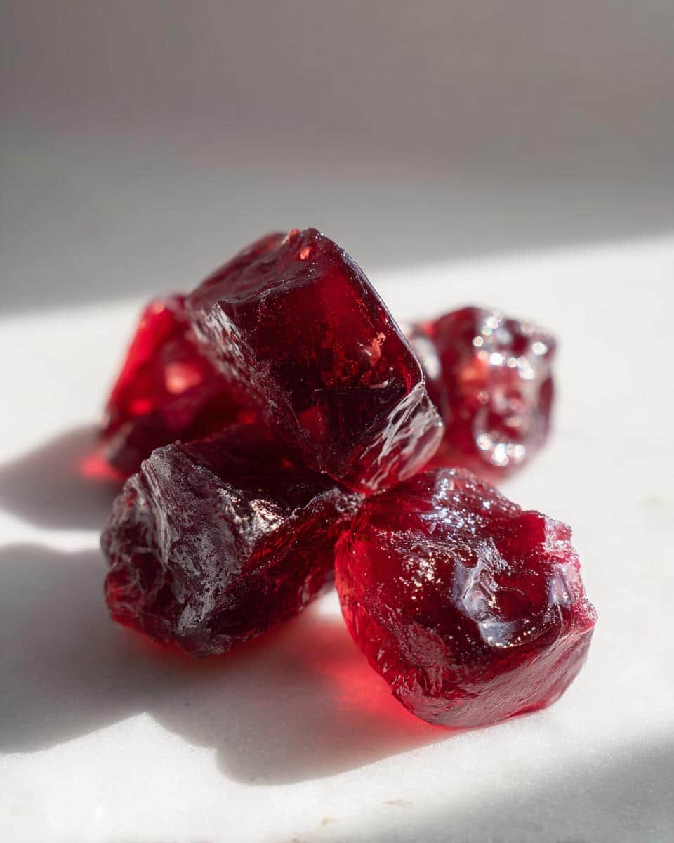 Close-up of shiny, deep red, irregularly shaped pieces, likely dried cranberries used in Cranberry Chicken Gummies for Dogs.
