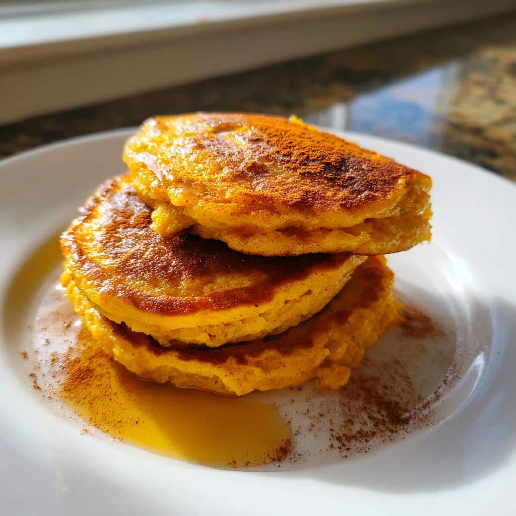 A stack of three golden Egg & Pumpkin Pancakes dusted with cinnamon and drizzled with syrup on a white plate.