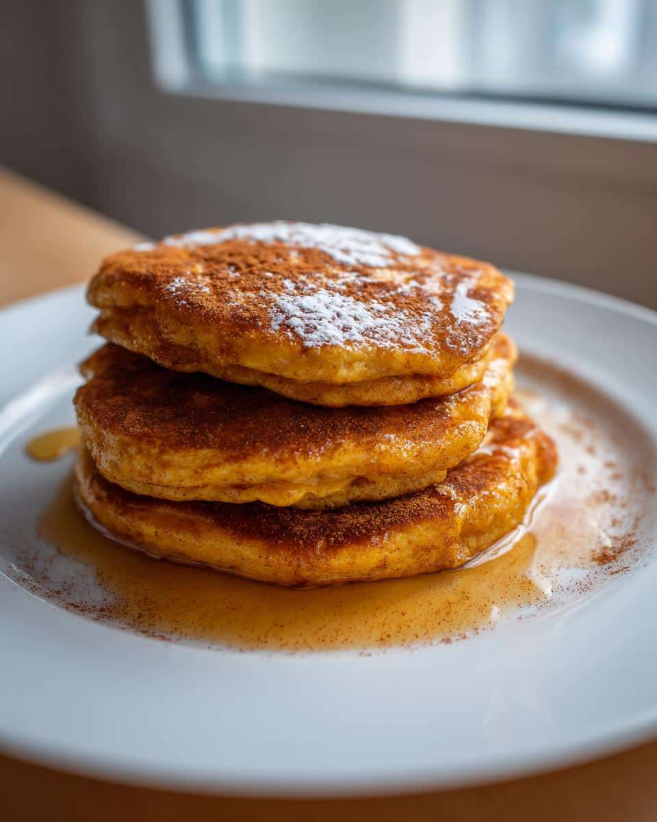 A stack of three golden Egg & Pumpkin Pancakes drizzled with syrup and dusted with cinnamon and powdered sugar.