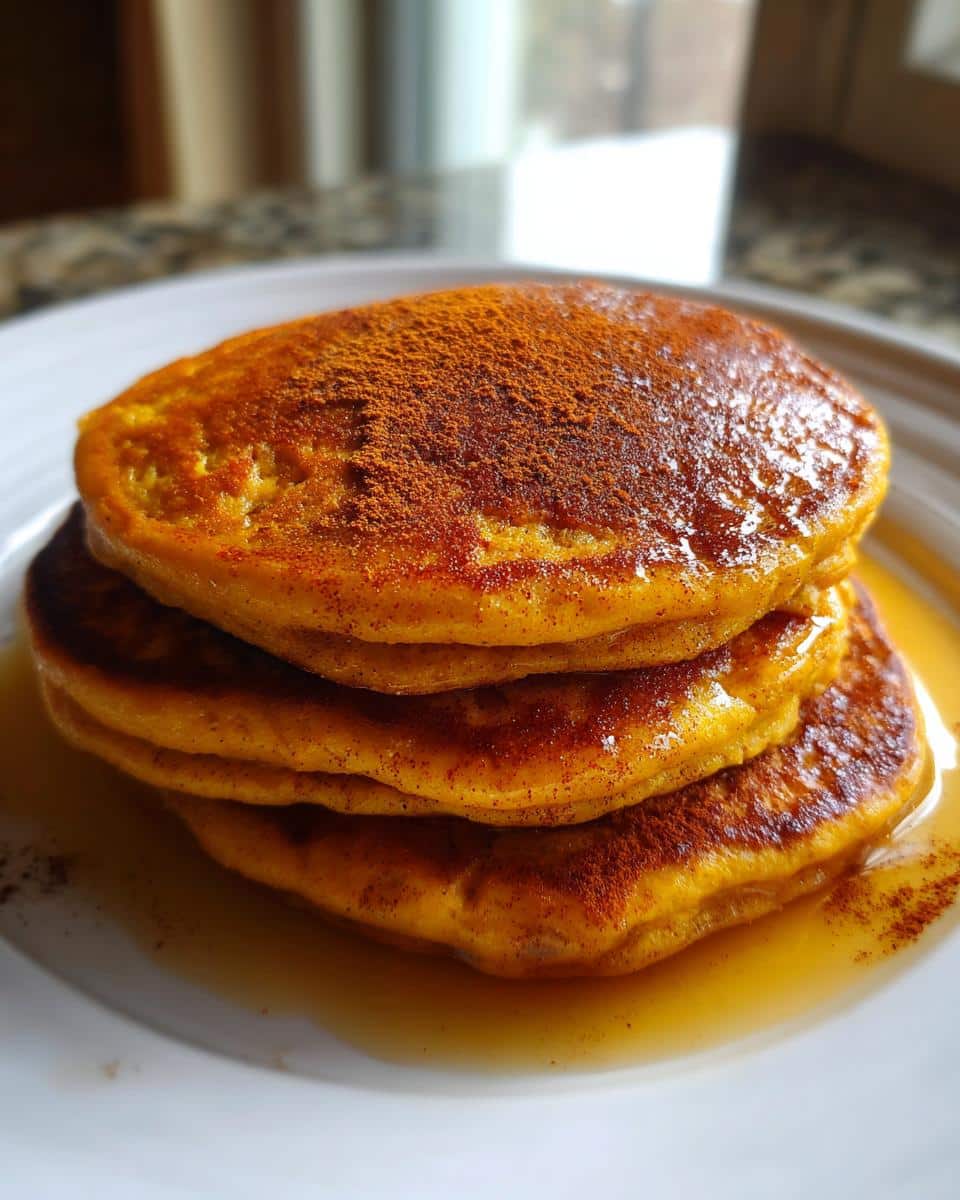 Close-up of a stack of three golden Egg & Pumpkin Pancakes drizzled with syrup and dusted with cinnamon.