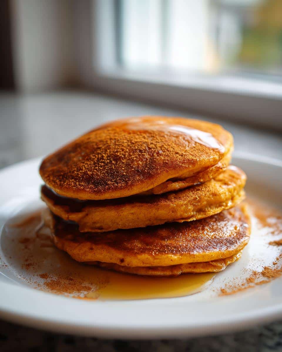 A stack of three golden Egg & Pumpkin Pancakes drizzled with syrup and dusted with cinnamon.
