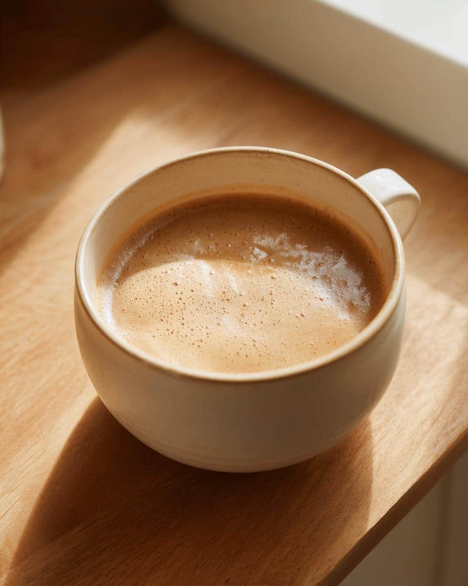Close-up of a light brown, foamy beverage in a beige ceramic mug, sitting on a sunlit wooden surface.