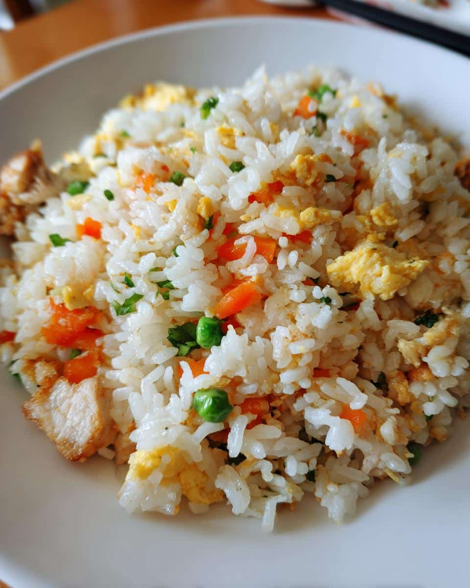Close-up of a white bowl filled with homemade Fried Rice for Dogs, featuring white rice, scrambled egg, carrots, and peas.