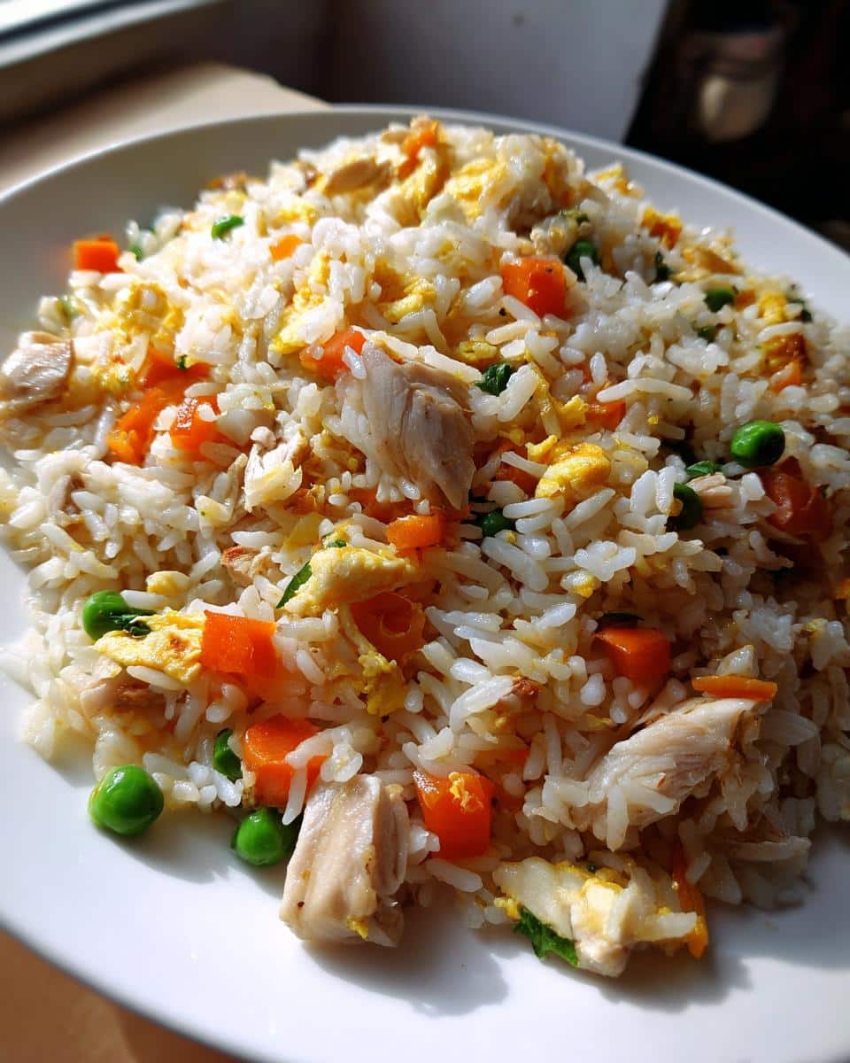 A close-up of homemade Fried Rice for Dogs featuring white rice, chunks of chicken, scrambled egg, carrots, and peas on a white plate.