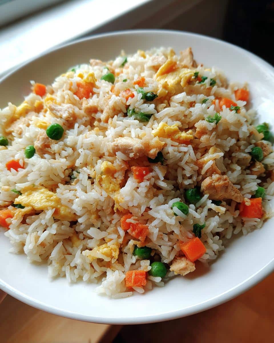 A close-up of a white bowl filled with homemade Fried Rice for Dogs, featuring white rice, diced carrots, peas, scrambled egg, and small pieces of chicken.