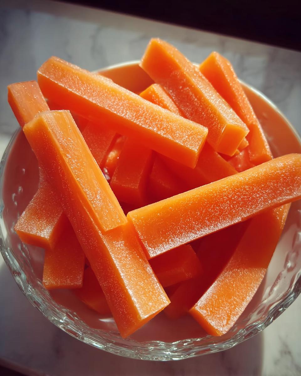 Close-up of bright orange, rectangular frozen carrot sticks in a clear glass bowl, ready for Pups with Carrot Bone Broth Frozen Treats.