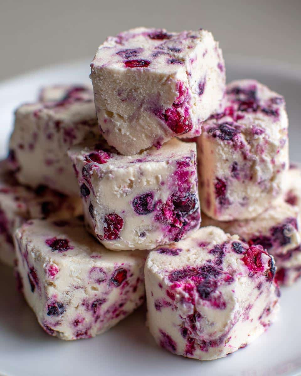 A stack of homemade Frozen Yogurt and Berry Bites for Dogs, showing white yogurt mixed with purple and red berries.