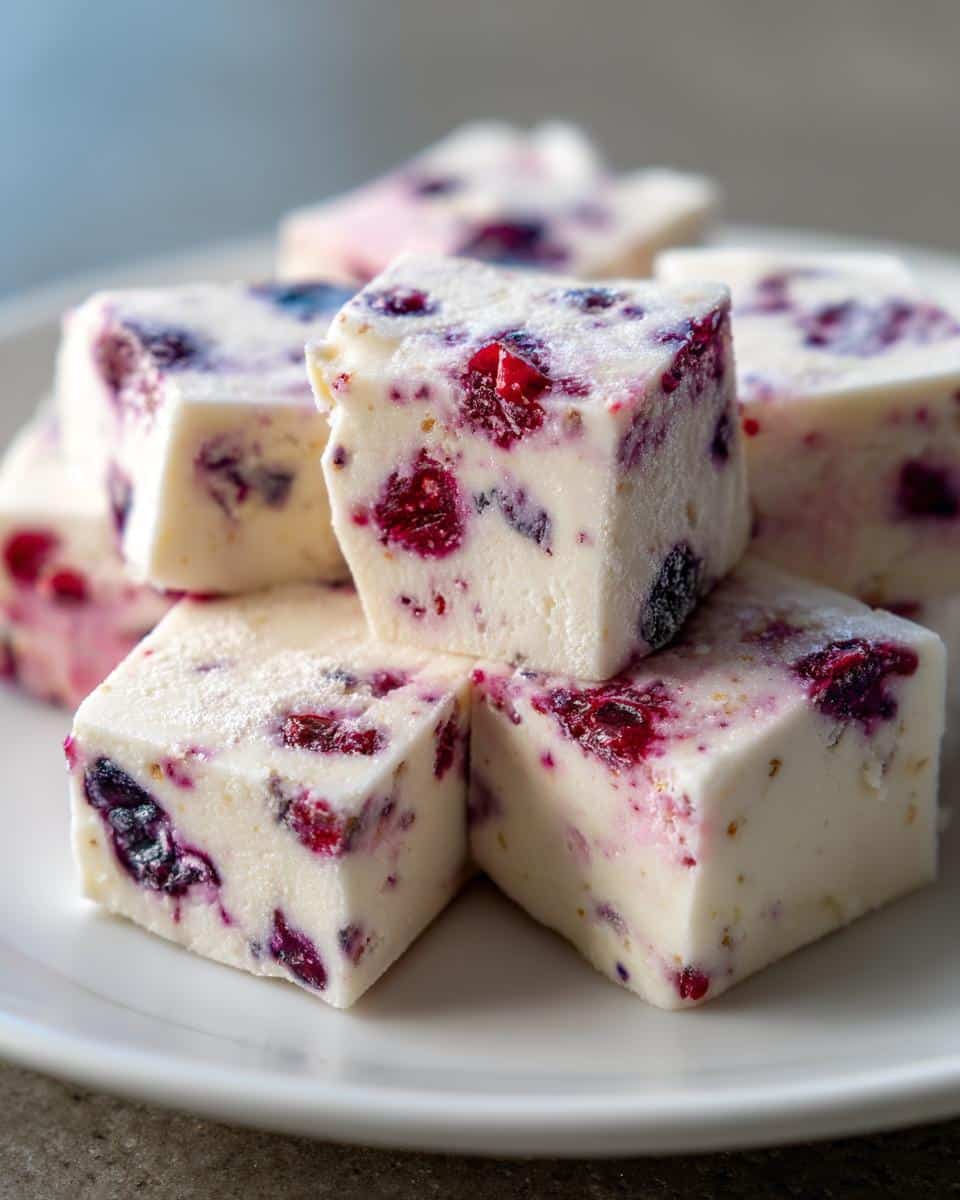 Close-up of several frozen yogurt and berry bites for dogs stacked on a white plate.