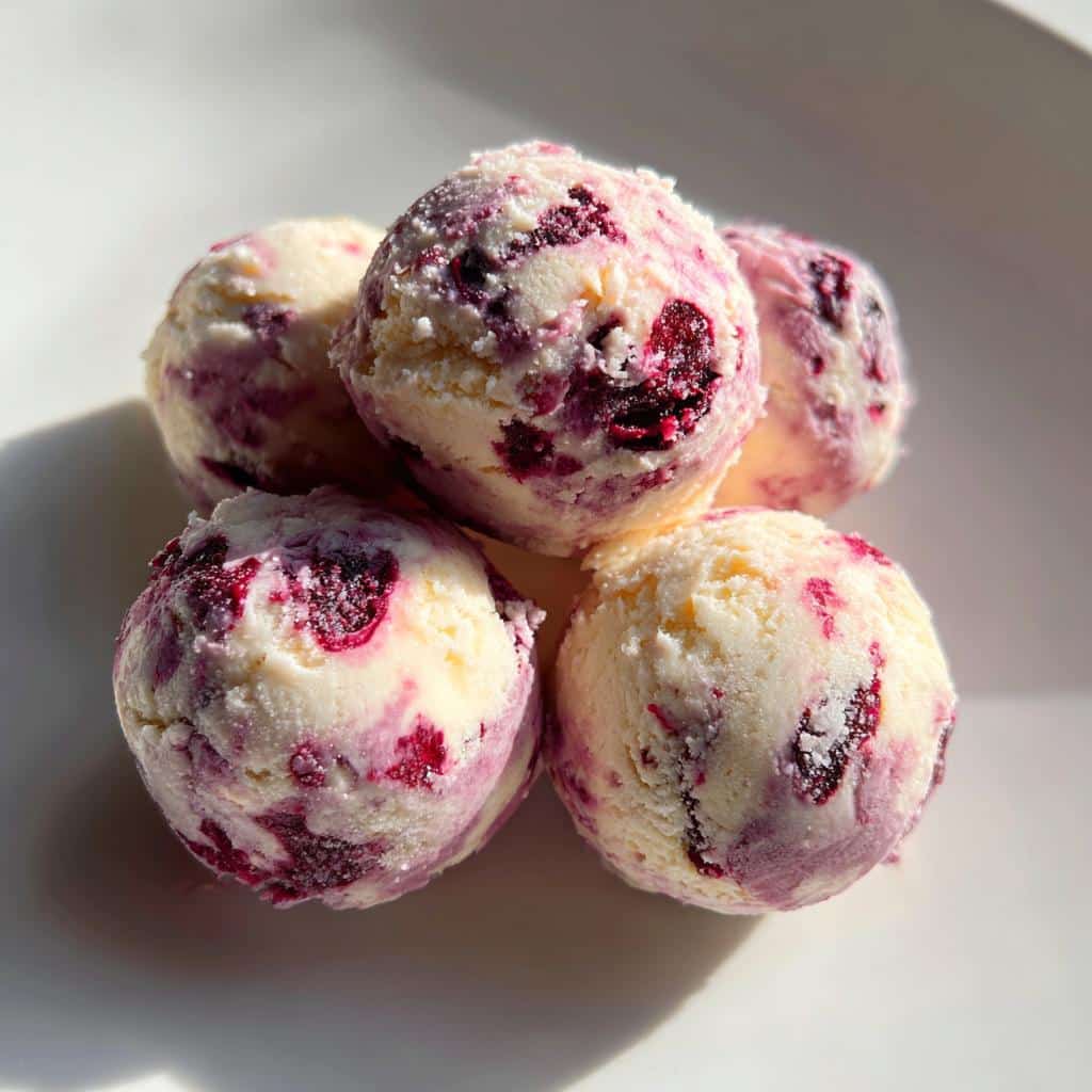 Five scoops of homemade Frozen Yogurt and Berry Bites for Dogs piled on a white plate.