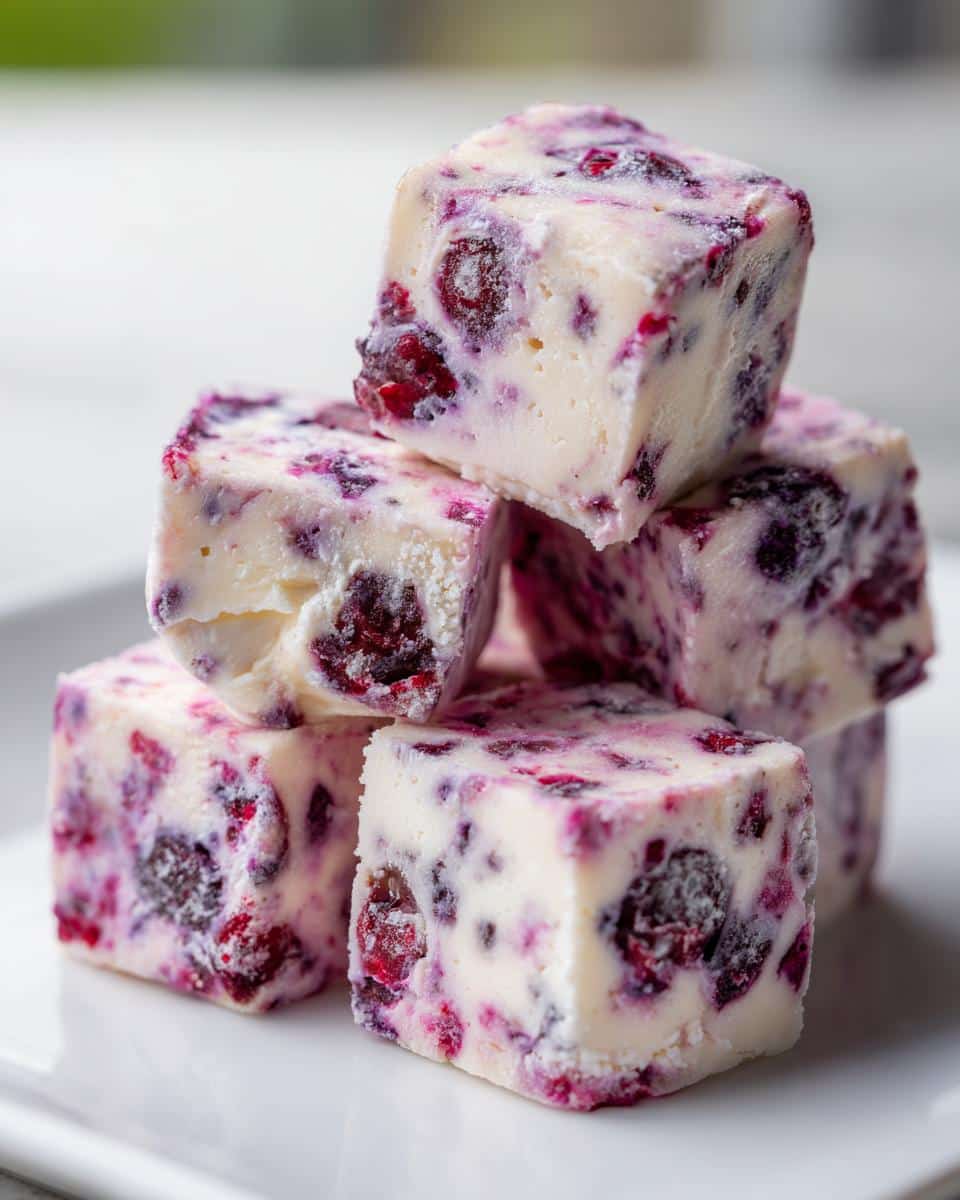 A stack of five homemade Frozen Yogurt and Berry Bites for Dogs on a white plate.