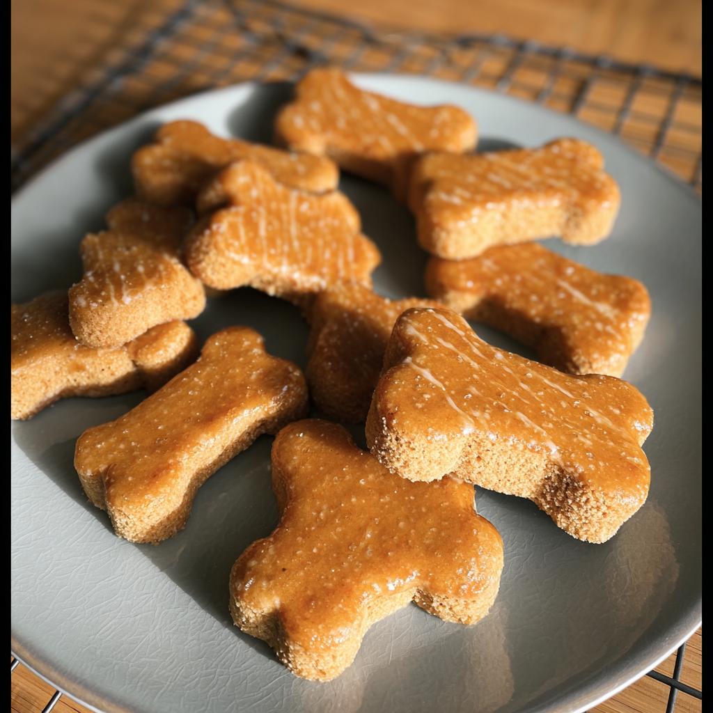 A plate full of freshly baked, bone-shaped Ginger-Pumpkin Pup Cookies with a light glaze.