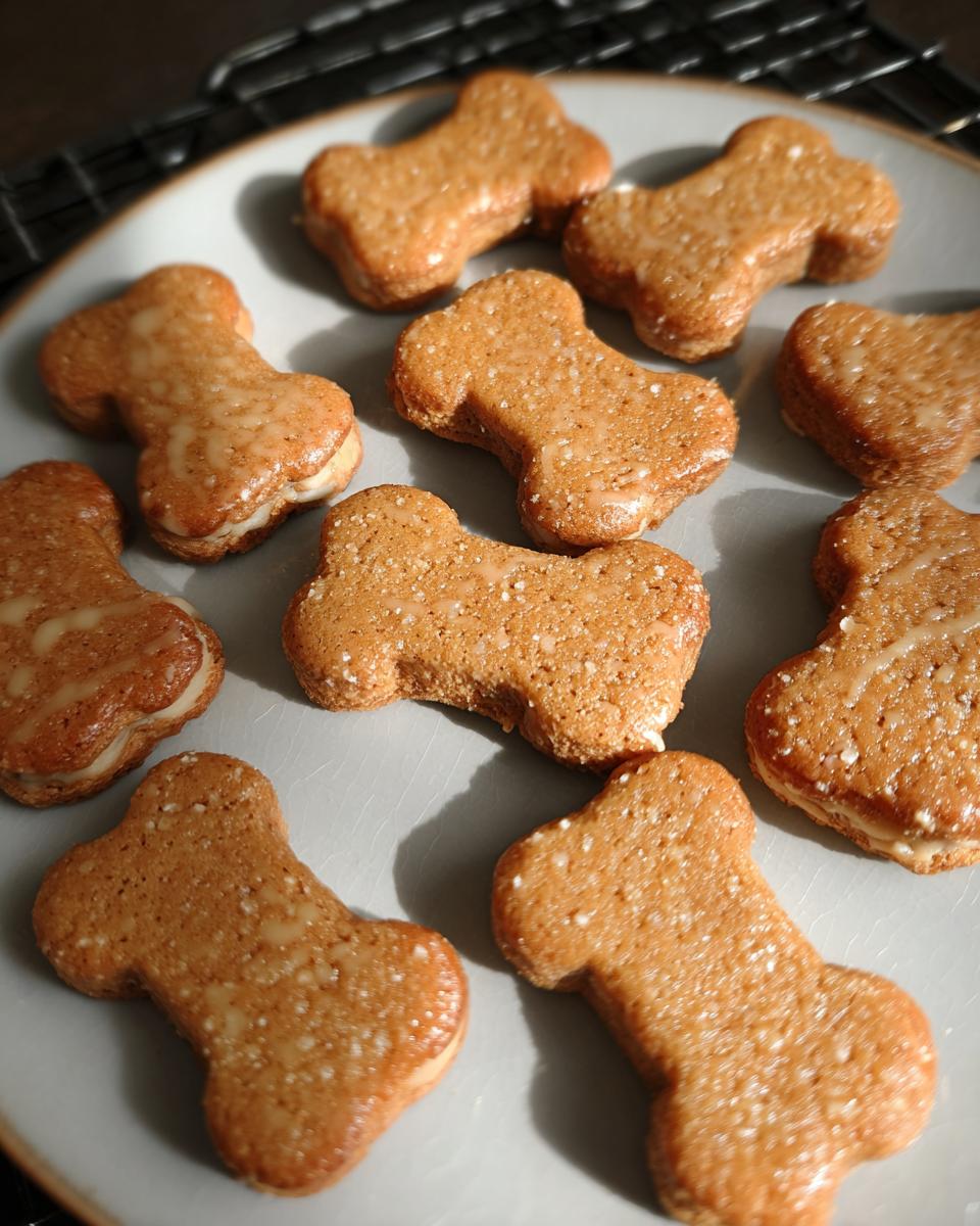 Close-up of several bone-shaped Ginger-Pumpkin Pup Cookies, some sandwiched with filling and lightly glazed.