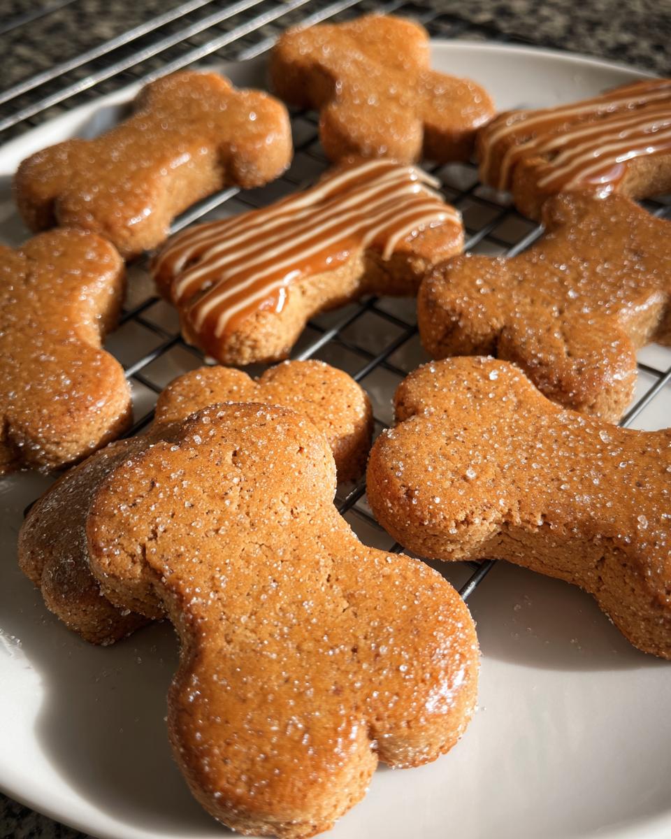 Close-up of bone-shaped Ginger-Pumpkin Pup Cookies cooling on a wire rack, some sprinkled with sugar and others drizzled with icing.