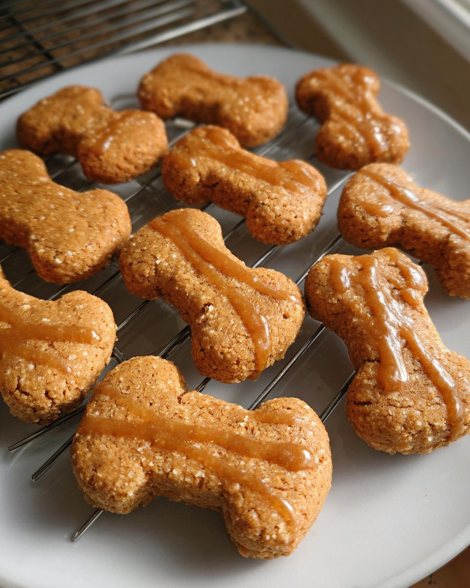 Close-up of bone-shaped Ginger-Pumpkin Pup Cookies drizzled with a light glaze, cooling on a wire rack.