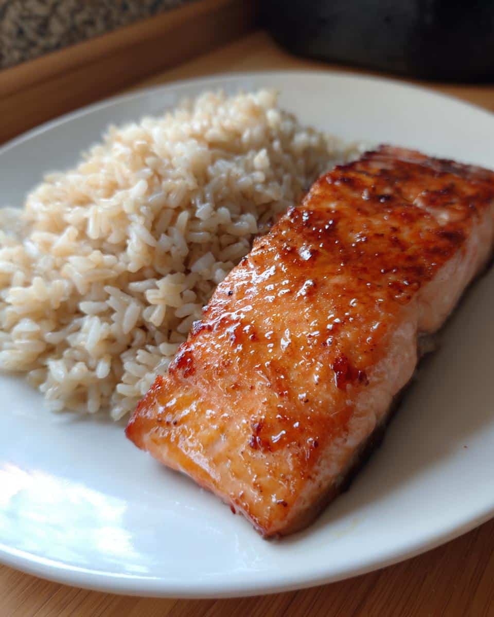 Close-up of a perfectly cooked fillet of salmon with a shiny glaze served next to a portion of brown rice.