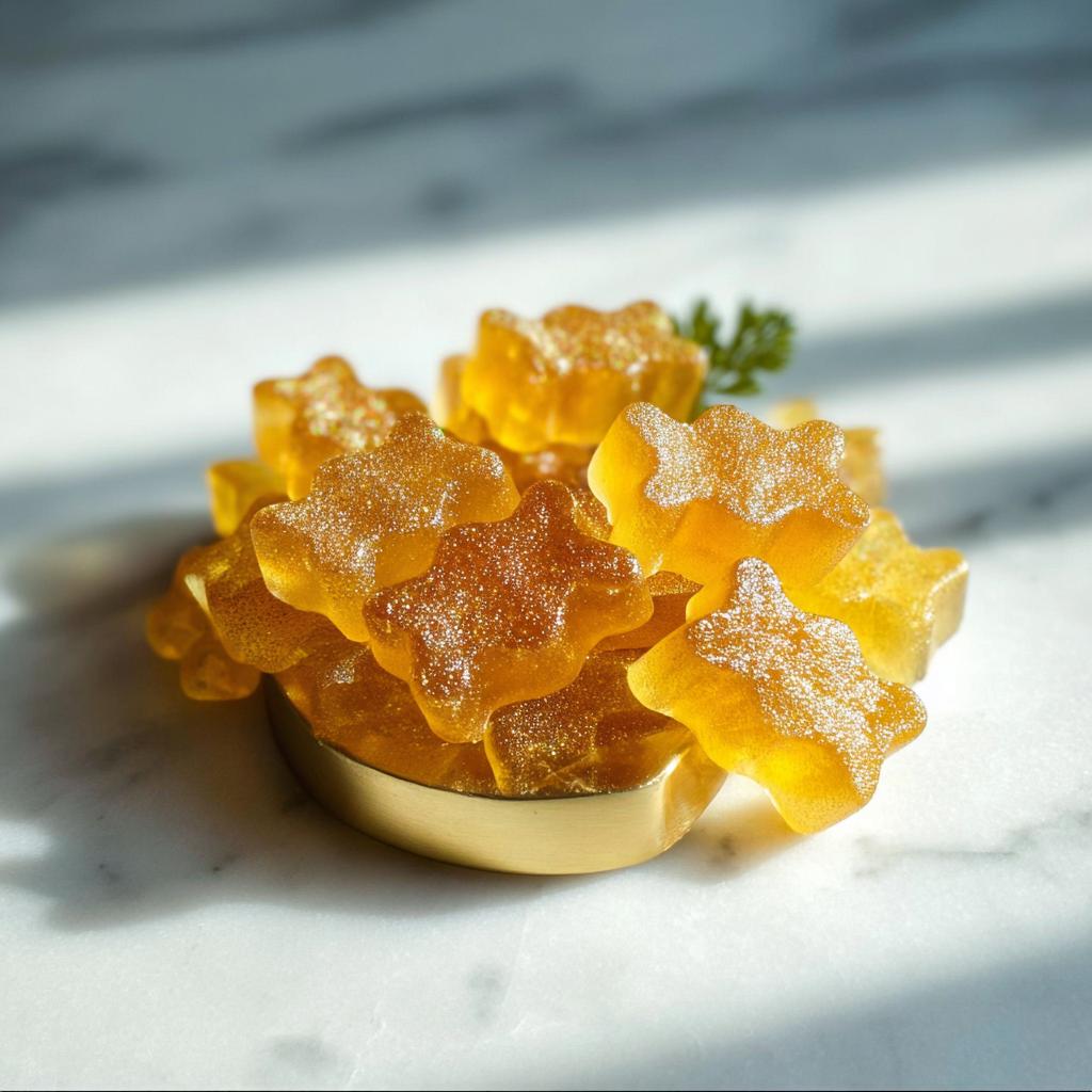 A pile of golden, star-shaped Bone Broth Gummy treats dusted with sugar, sitting in a small gold dish.