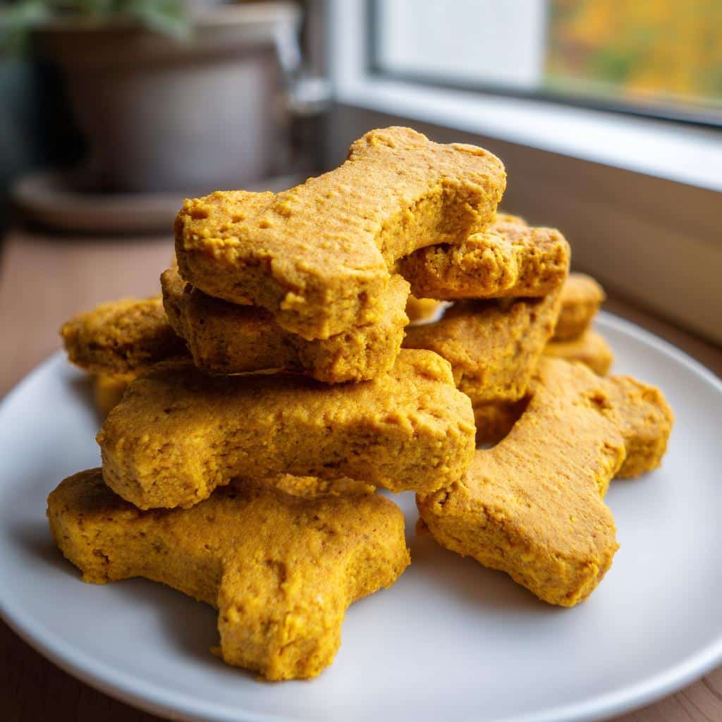 A close-up stack of homemade, bone-shaped Golden Paste Dog Treats piled high on a white plate.
