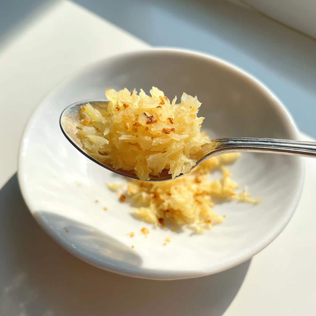 A spoonful of freshly grated ginger, part of the apple ginger anti-nausea dog remedy.