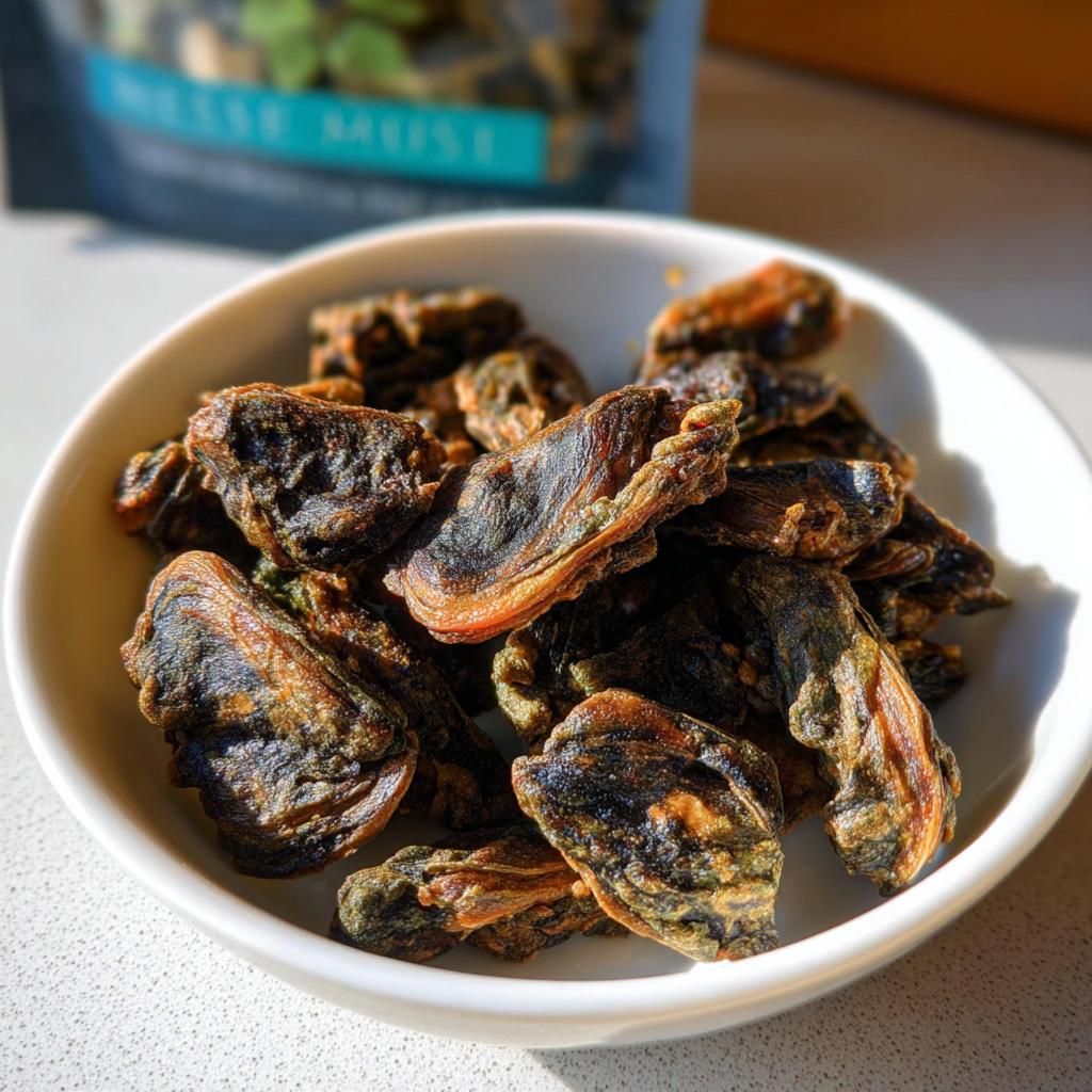 A close-up of dried Green Lipped Mussel Bites piled in a small white bowl, with packaging blurred in the background.