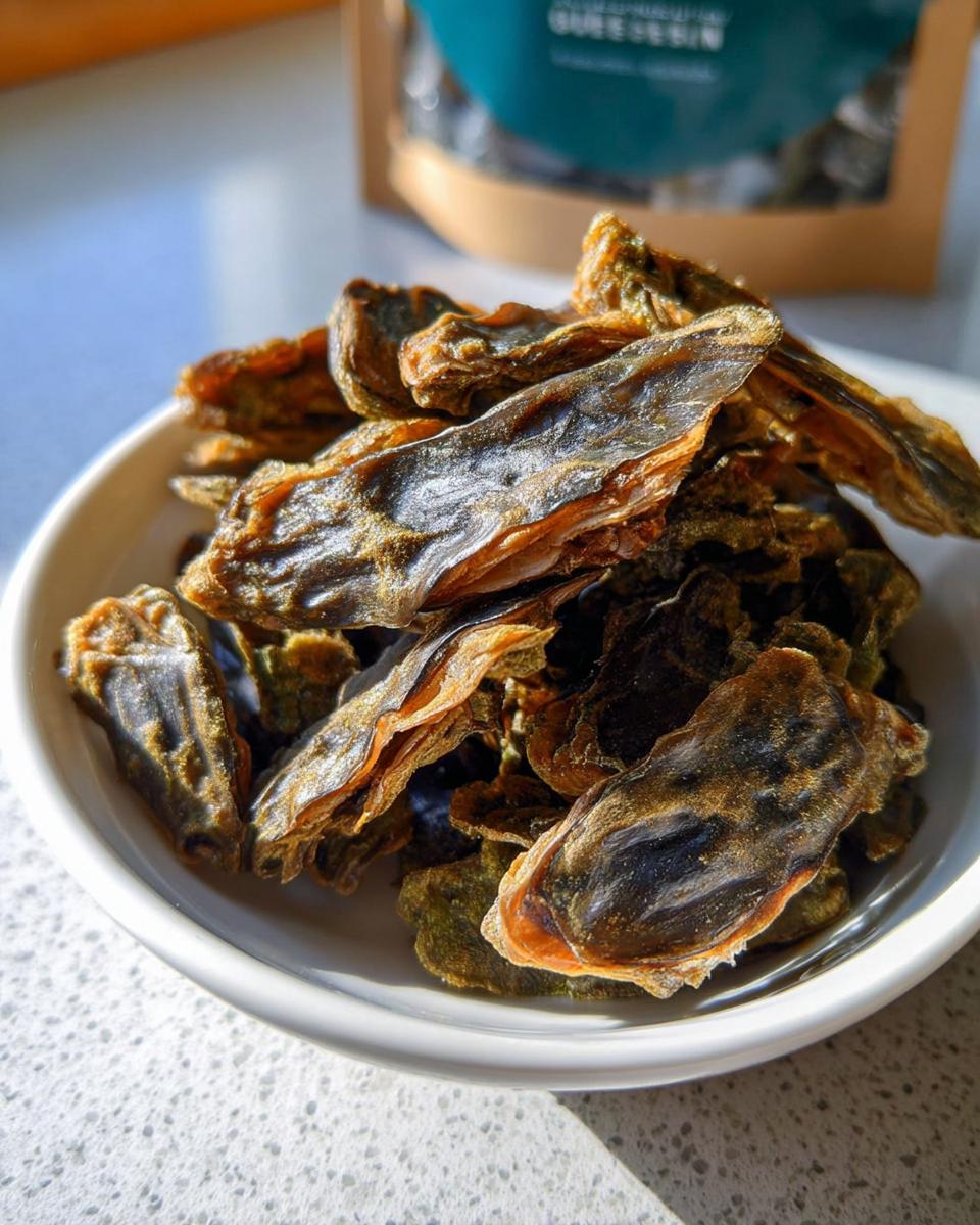 Close-up of dried Green Lipped Mussel Bites piled in a small white bowl on a speckled counter.