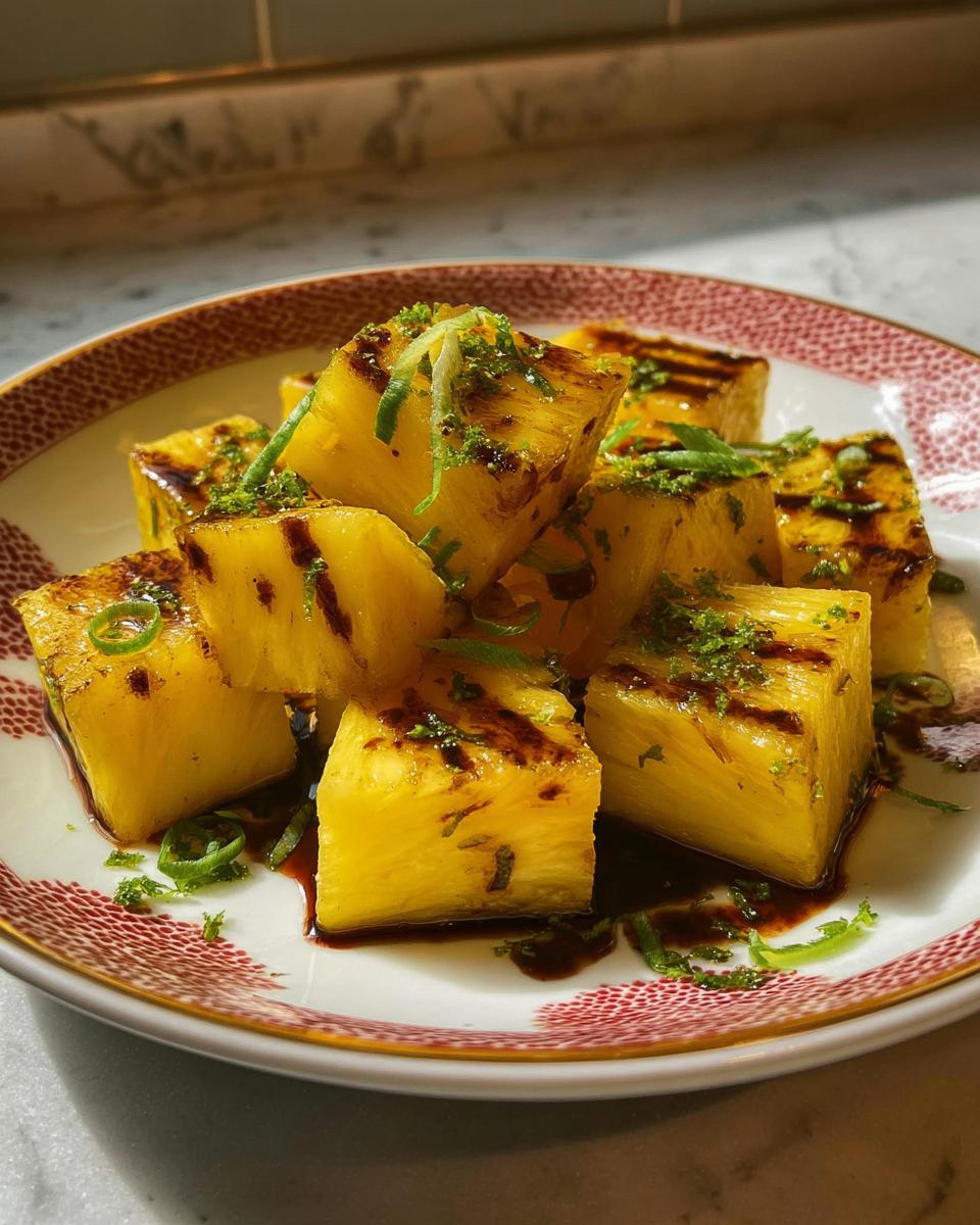 Cubes of grilled pineapple drizzled with molasses and topped with lime zest.