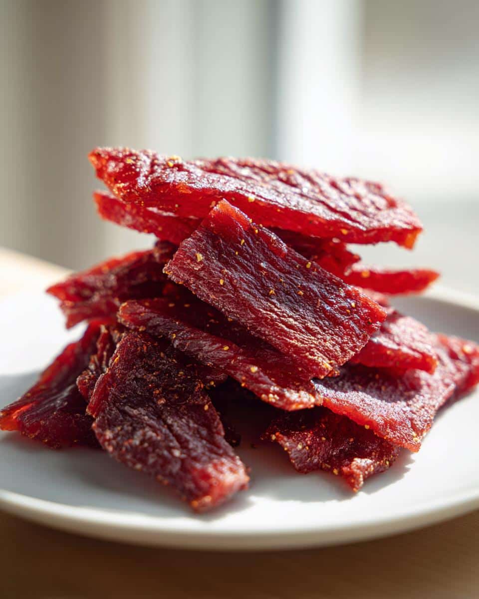 Close-up of a pile of deep red, chewy Homemade Dehydrated Watermelon Jerky pieces sprinkled with seasoning.