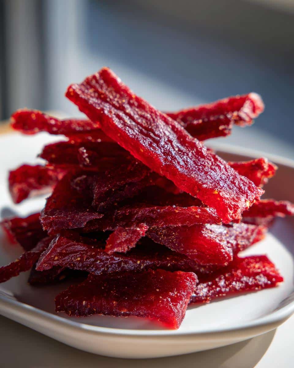 Close-up of a vibrant red stack of Homemade Dehydrated Watermelon Jerky strips on a white plate.