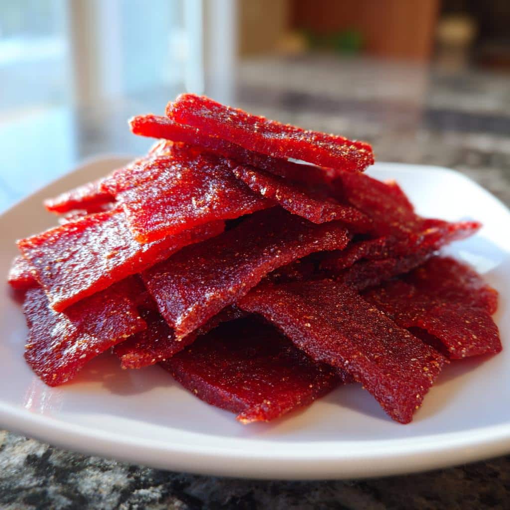 Close-up of a white plate piled high with glistening, dark red strips of Homemade Dehydrated Watermelon Jerky.