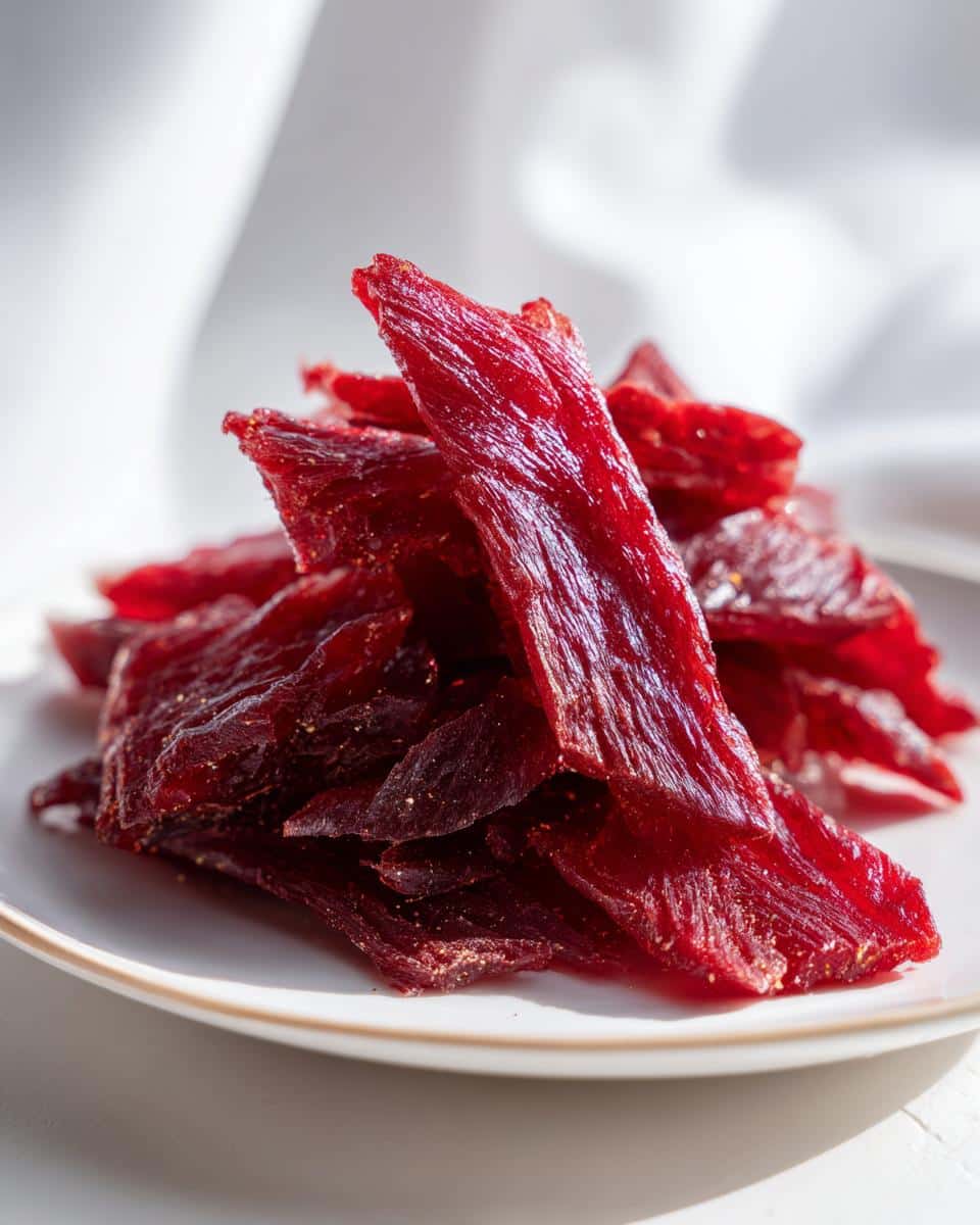 A pile of deep red, chewy Homemade Dehydrated Watermelon Jerky strips stacked on a white plate.