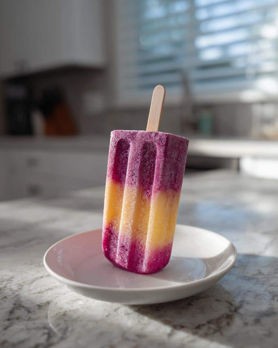 A vibrant, layered Banana berry Frozen pop, purple and yellow, sitting on a small white plate indoors.