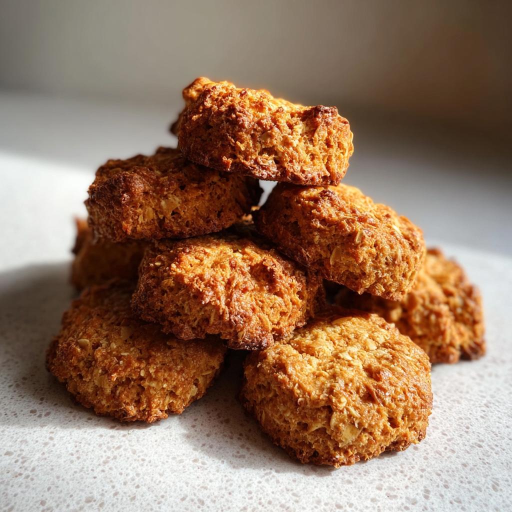 A stack of golden brown, textured Long Lasting Dog Biscuits piled on a light countertop.