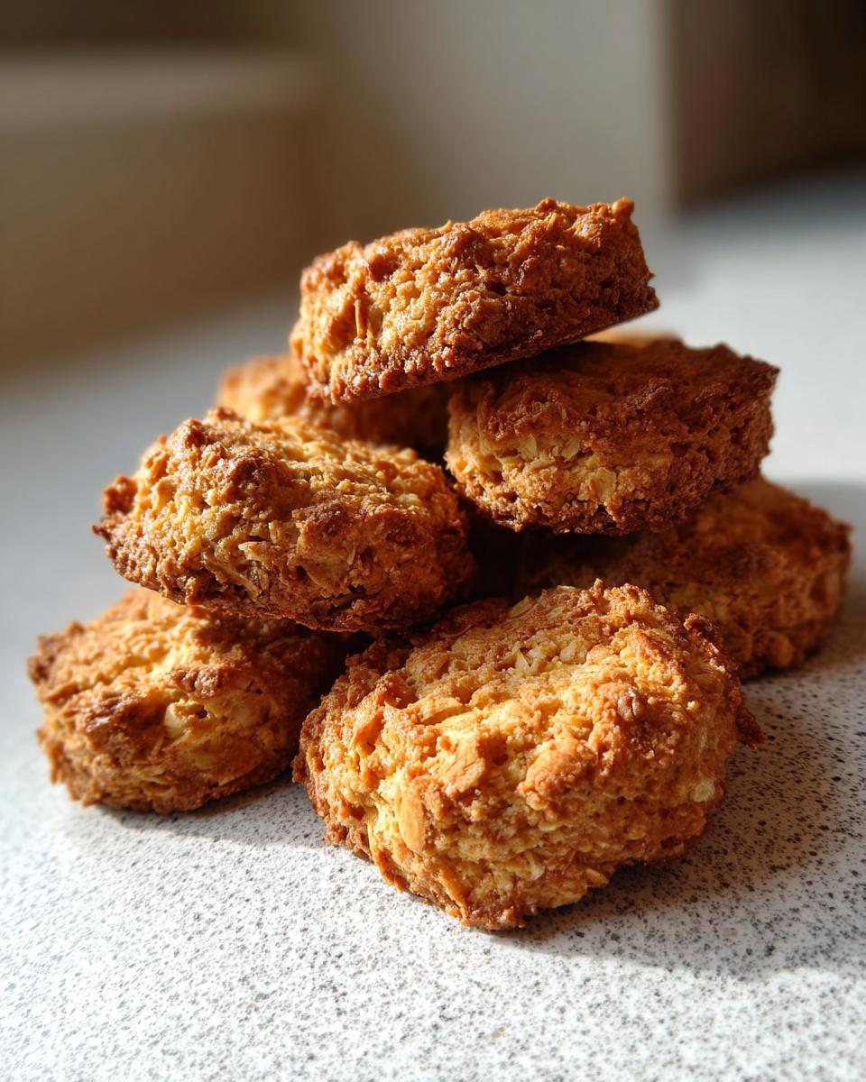 A stack of golden brown, textured Long Lasting Dog Biscuits sitting on a light countertop.