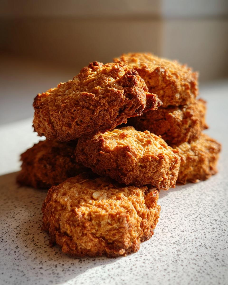 A stack of golden brown, textured homemade Long Lasting Dog Biscuits resting on a light countertop.