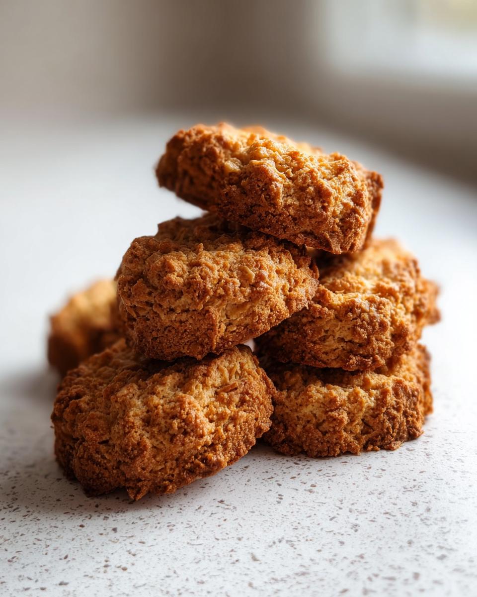 A close-up stack of golden brown, textured Long Lasting Dog Biscuits resting on a light speckled countertop.