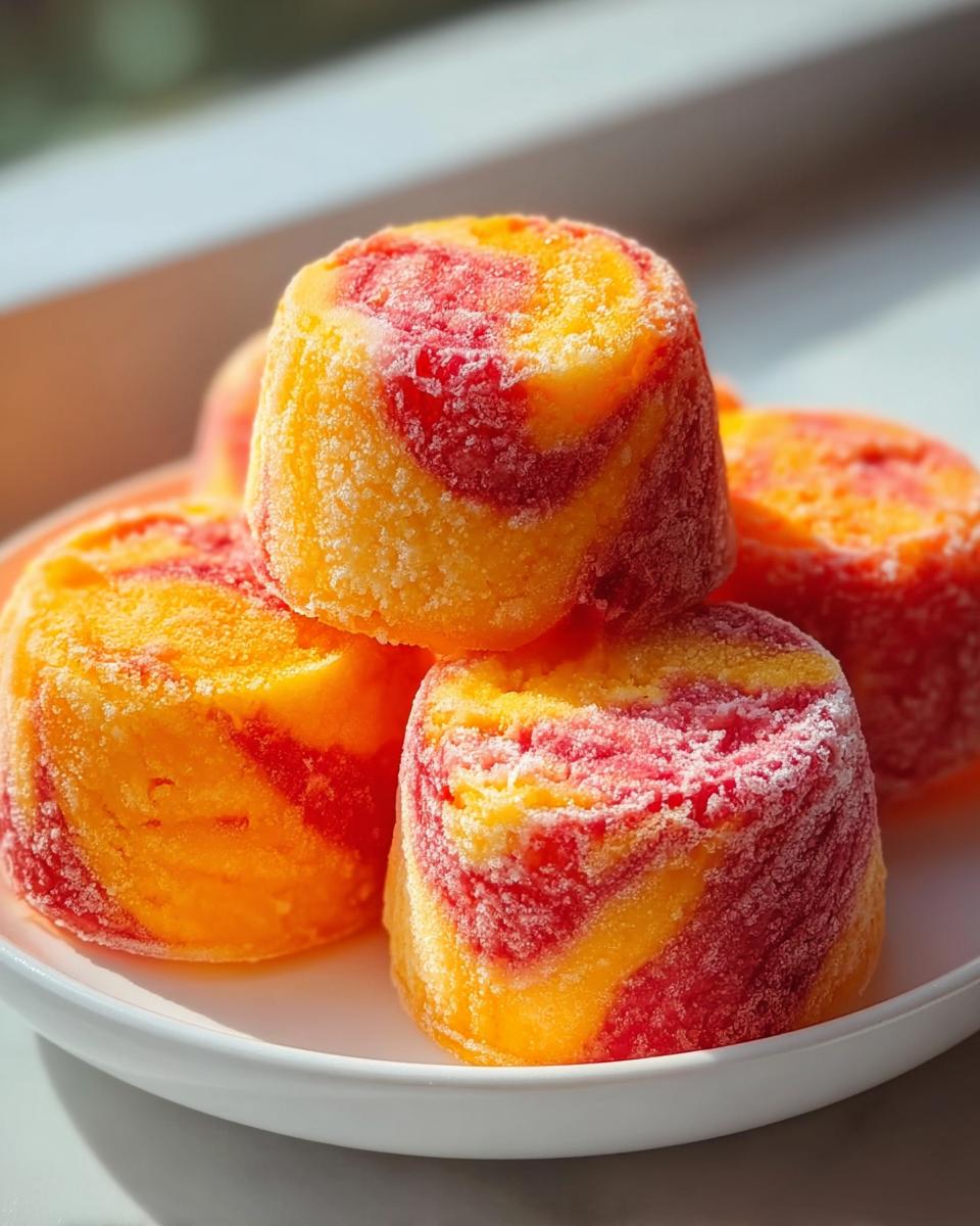 Close-up of stacked Mango and Strawberry Swirl Frozen Dog Treats on a white plate, showing frosty texture.