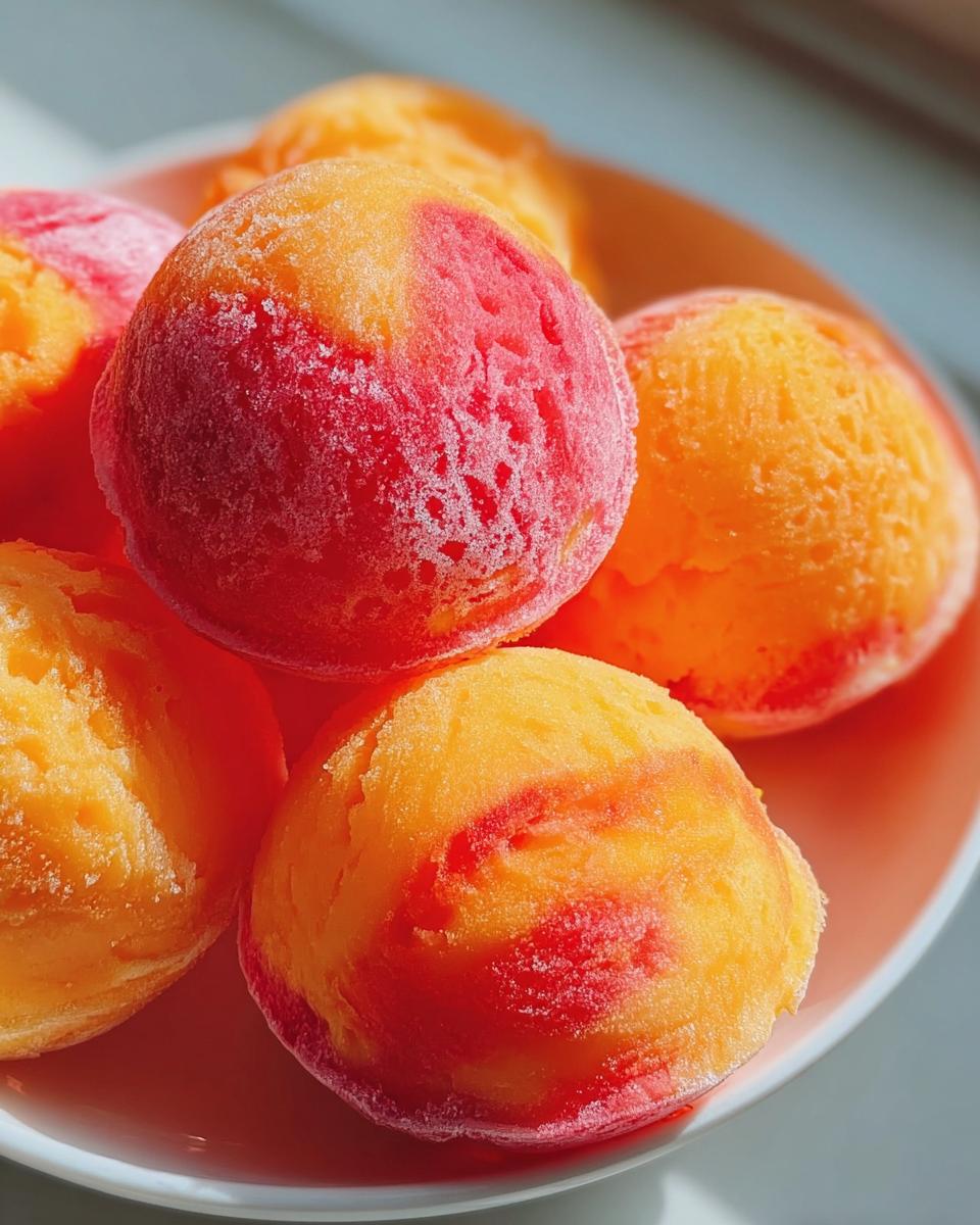 Close-up of frozen, scooped Mango and Strawberry Swirl Frozen Dog Treats showing icy texture.