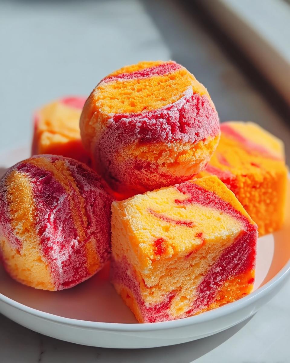 Close-up of frozen Mango and Strawberry Swirl Frozen Dog Treats cubes with a frosty coating.