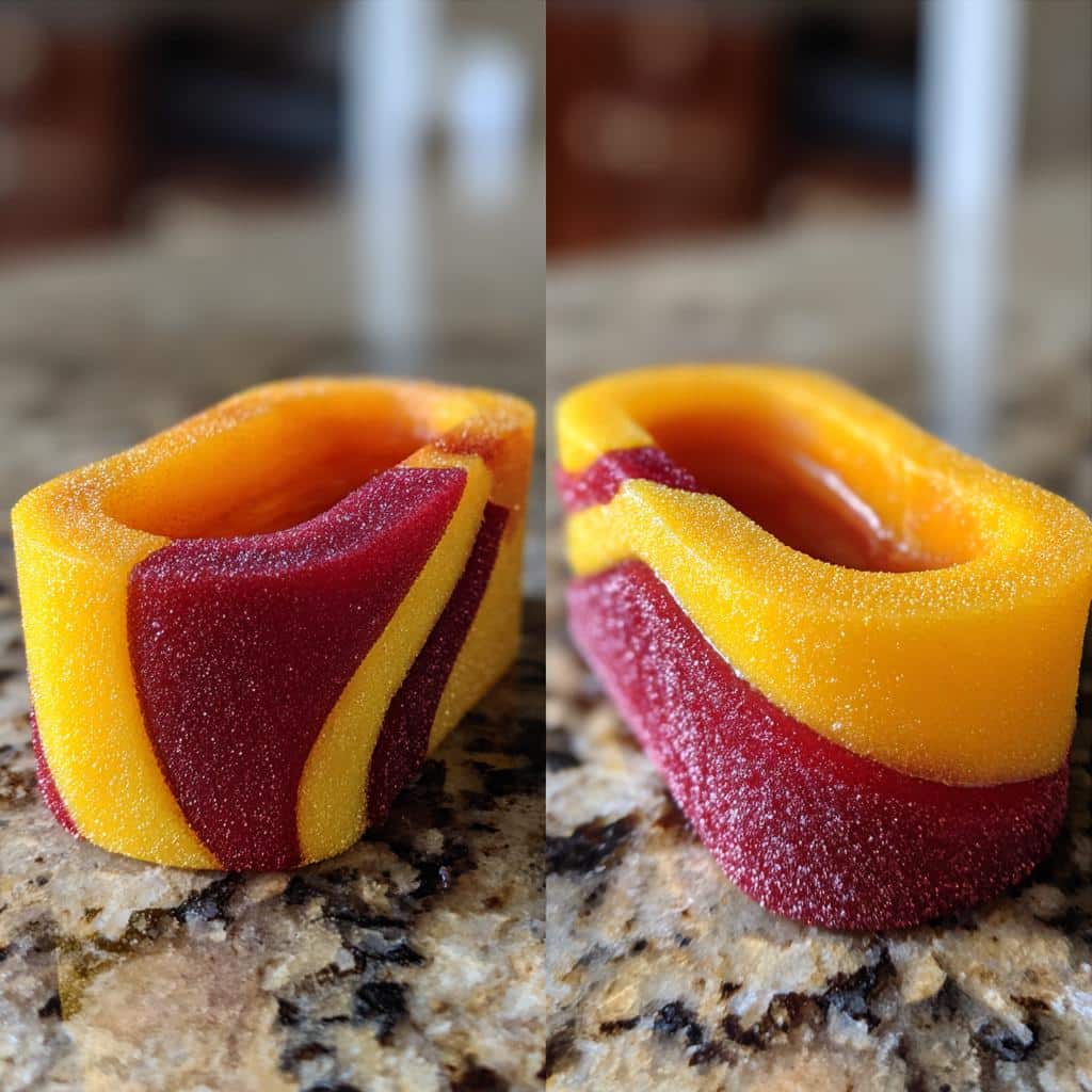 Two close-up views of a Mango and Strawberry Swirl Frozen Dog Treats, showing vibrant yellow and deep red layers.