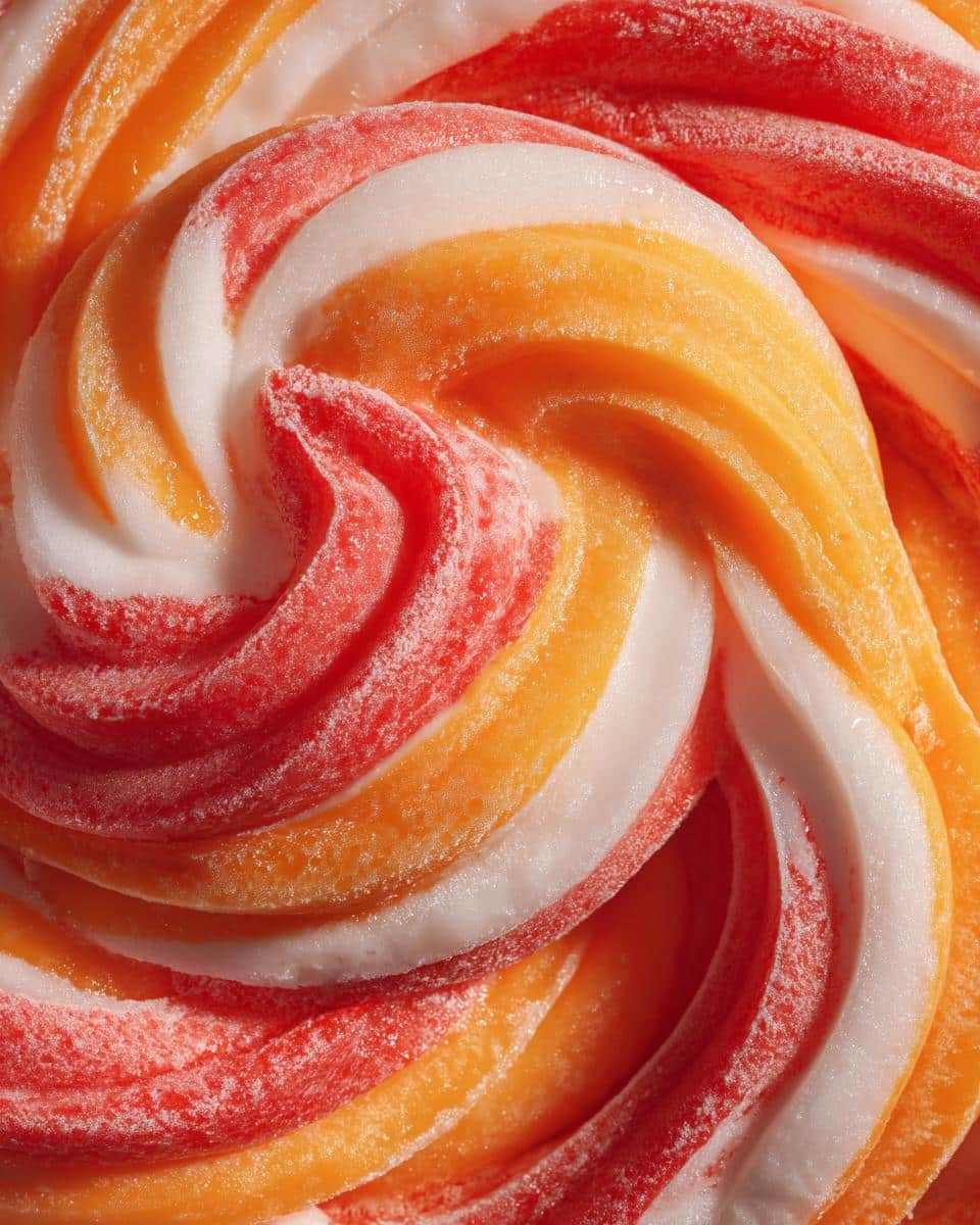 Close-up macro shot showing the vibrant red, orange, and white swirl texture of Mango and Strawberry Swirl Frozen Dog Treats.