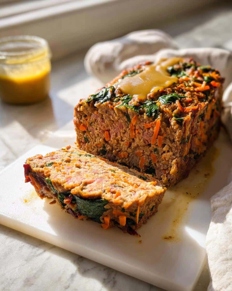 A slice cut from a homemade Meatloaf Veggie for Dogs loaf, showing shredded carrots and spinach baked inside, topped with gravy.