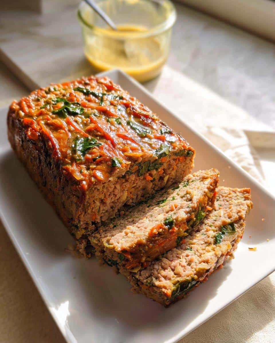 A sliced Meatloaf Veggie for Dogs loaf topped with carrots and greens, served on a white rectangular plate.
