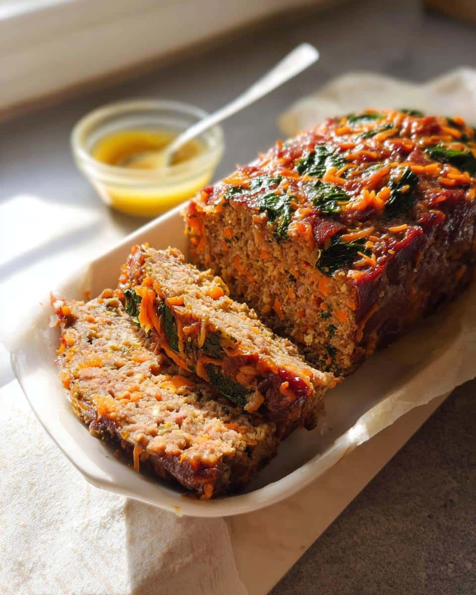 A sliced loaf of homemade Meatloaf Veggie for Dogs, rich with visible orange carrots and green spinach, served on a white platter.